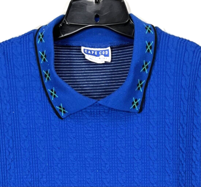 VTG CAPE COD Royal Blue CABLE KNIT Banded Hem ARGYLE TRIM Sweater