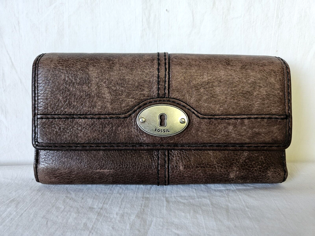FOSSIL Vtg Marlow Leather Flap Clutch Wallet Dark Brown Card Slots Zip  Pockets