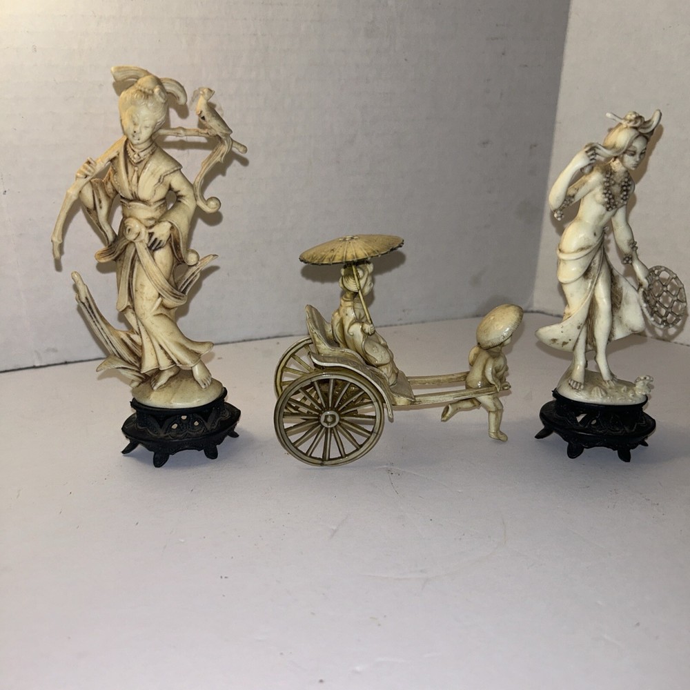 2 Statues Woman Lot Asian Plastic Figurines 1 Rickshaw Keisha   - Made In Italy