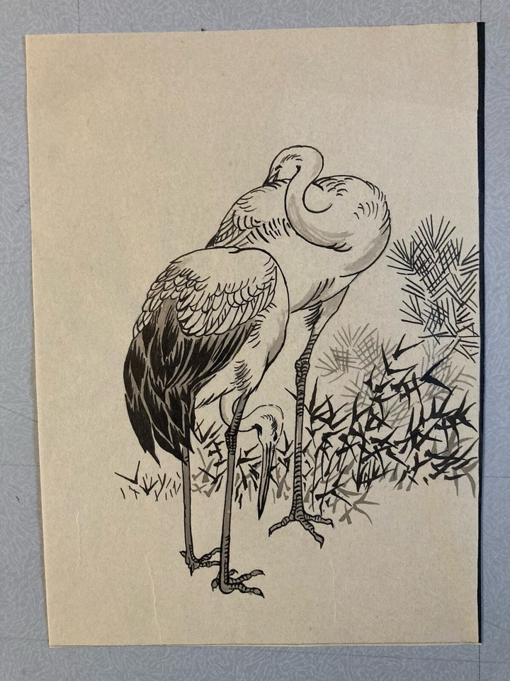 Lot 3 Drawing Ink and Wash Bird Heron Animal Animals Art Asia on Paper