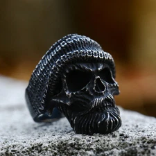 Gothic Woolly Hat Skull Ring Stainless Steel Mens Retro Skeleton Biker Punk Ring