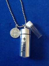 HOLY WATER NECKLACE ST BENEDICT Vial Container Carrier Protection Saint Metal 