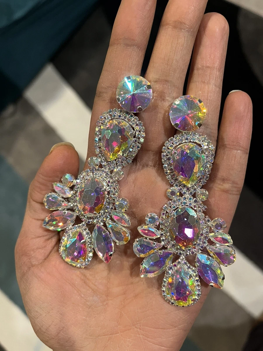 3.5 Big Long Silver Clear Aurora Borealis AB Austrian Crystal Pageant Earrings