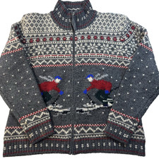 Vintage Lauren Ralph Lauren Womens Wool Apes Ski Gray Zip-Front Sweater Large