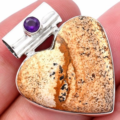 Heart - Picture Jasper & Amethyst 925 Sterling Silver Pendant Jewelry P-1300