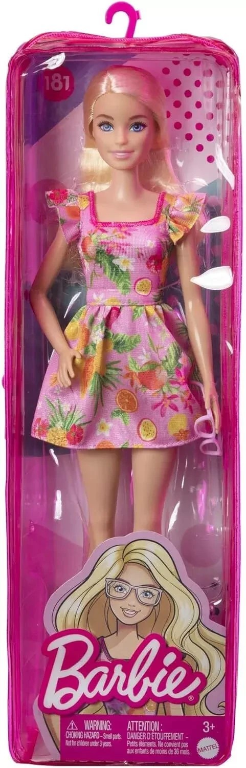 Mattel Barbie Fashionistas Doll Blonde Pink Dress with Fruit Pattern- Doll # 181