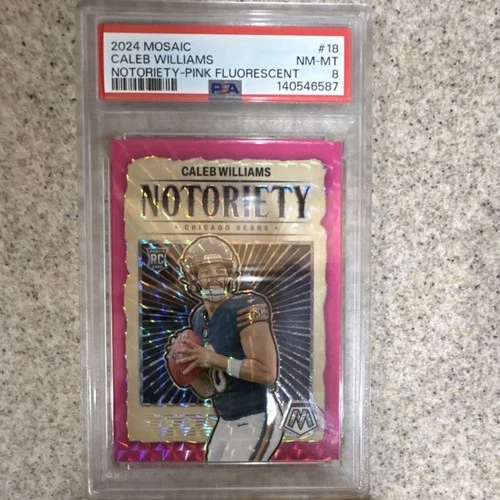 2024 Panini Mosaic Notoriety Caleb Williams #18 Pink Fluorescent /10 (RC, PSA 8)