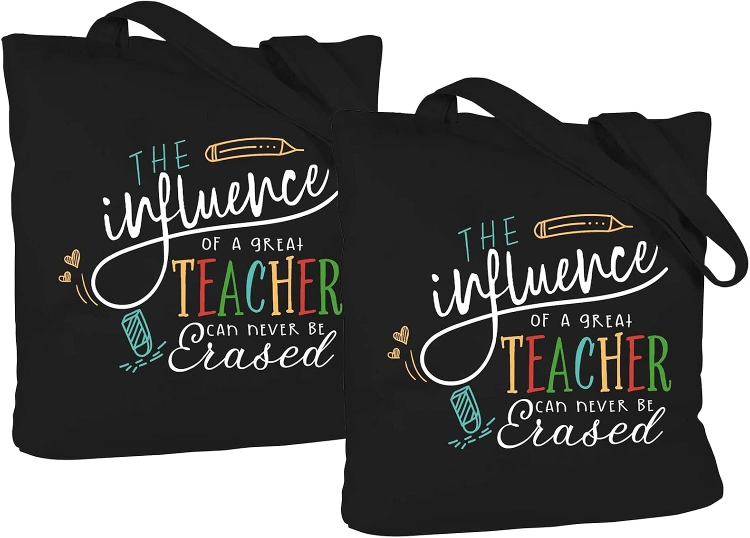 2 Pack Black Teacher Appreciation Cotton Canvas with Interior Pocket Tote Bag