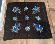 Vintage MCM Glentex Black w Blue Roses Acrylic 30  Square Scarf Made In Japan