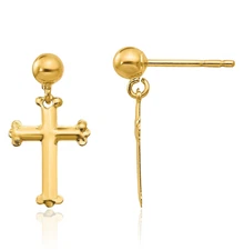 10K Solid Yellow Gold Hanging Cross Dangle Earrings