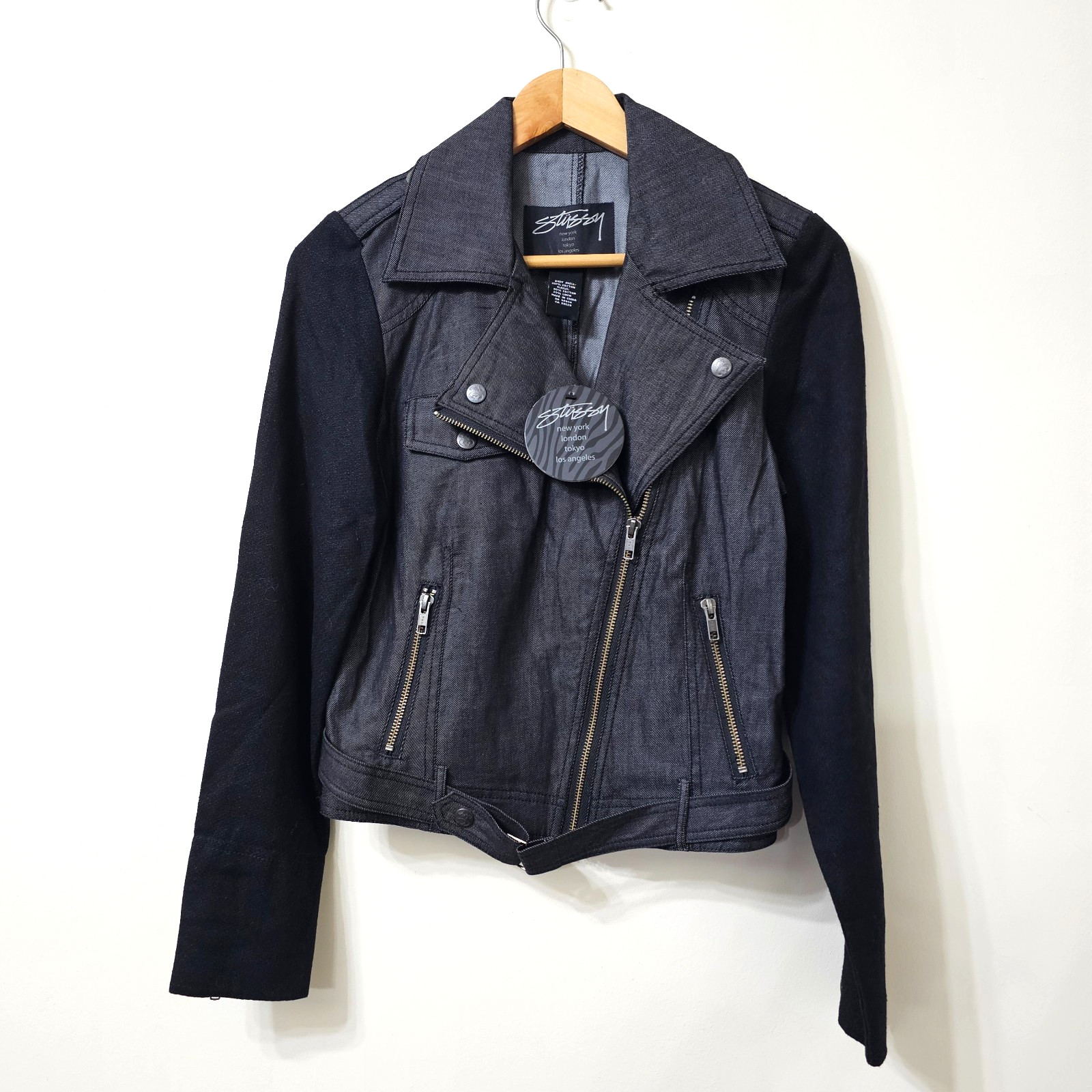 Stüssy women's denim biker jacket black sleeves size S Ryder Crop Moto Jacket thumbnail 7