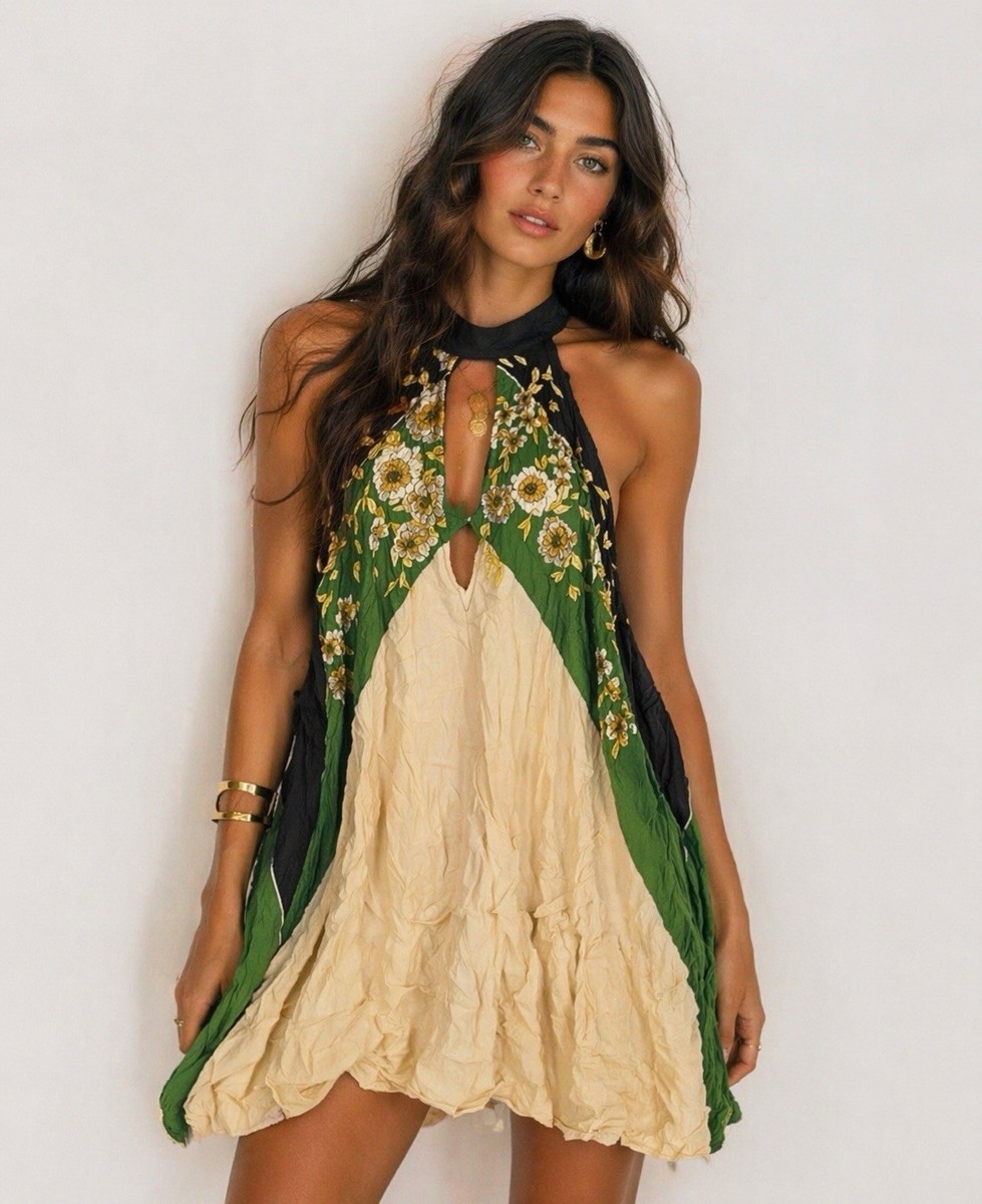 Free People XS Boho Halter Swing Dress Floral Colorblock Flowy Rayon | eBay