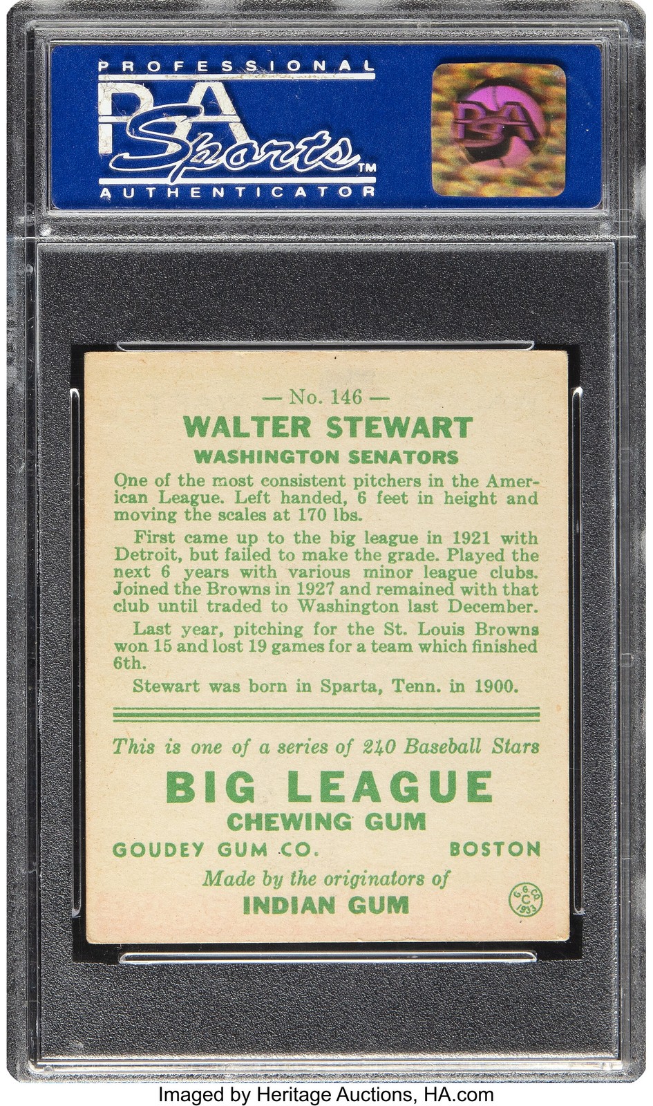 1933 GOUDEY BASEBALL #146 WALTER STEWART, PSA 7 NM (WASHINGTON SENATORS) ROOKIE view 2