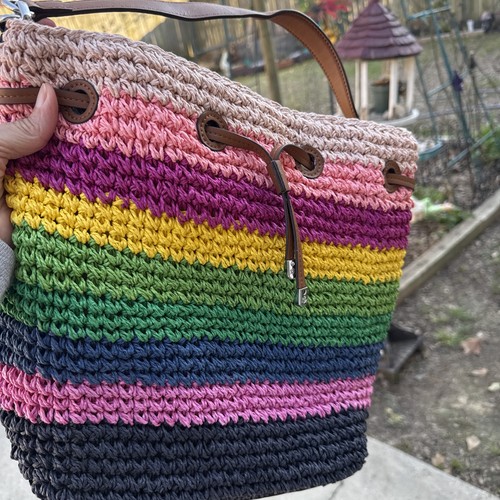 Lauren Ralph Lauren Striped Straw Drawstring Bucket Bag - Picture 1 of 11