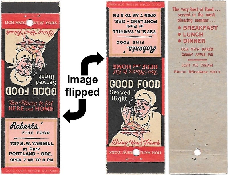 Roberts Fine Food in Portland, Oregon, FS Matchcover with Chef (Early Phone)