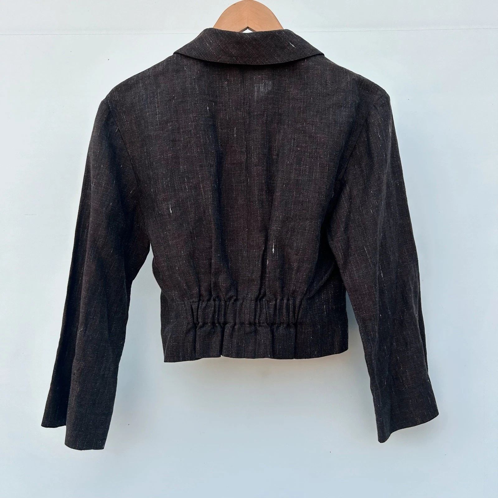 Giacca Chanel Autentica Lino Cropped Cinched Utility Top Marrone Cioccolato 36 Y2K