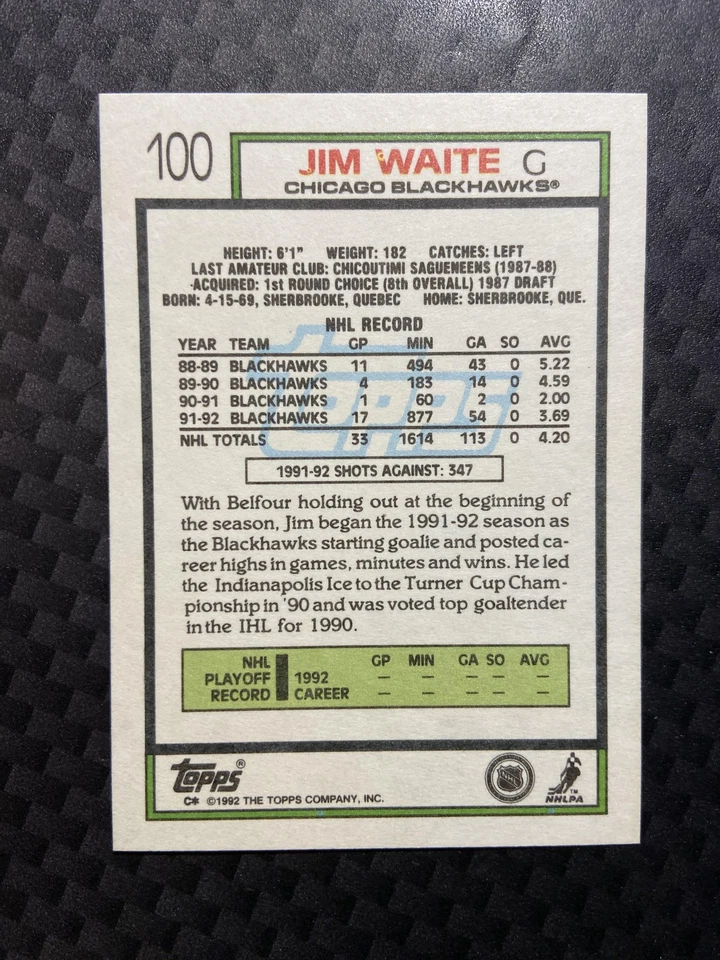 Jimmy Waite 1992-93 Topps #100 Chicago Blackhawks - Image 2 of 2
