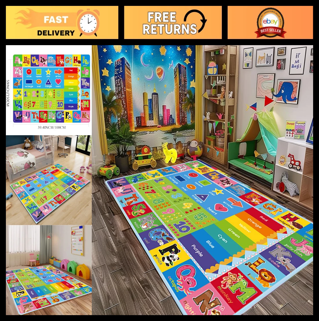 Kids Playroom Carpet - Extra Large ABC & Numbers Floor Mat, Thick Classroom Rug