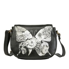 Anuschka Hand-Painted Leather Saddle Flap Crossbody-Butterfly Mosaic-NWT Small
