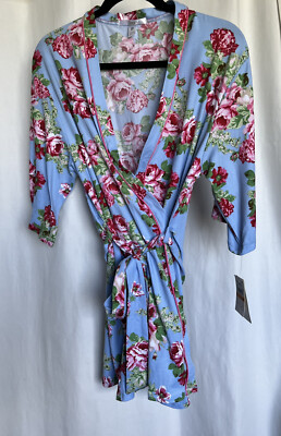 Flora Nikrooz Sm Ladies Floral Robe short sleeve lightweight Wrap Tie  Blue Soft