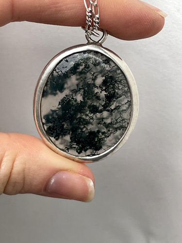 GORGEOUS 925 SOLID STERLING SILVER LARGE MODERNIST MOSS AGATE PENDANT 16" CHAIN - 第 1/14 張圖片