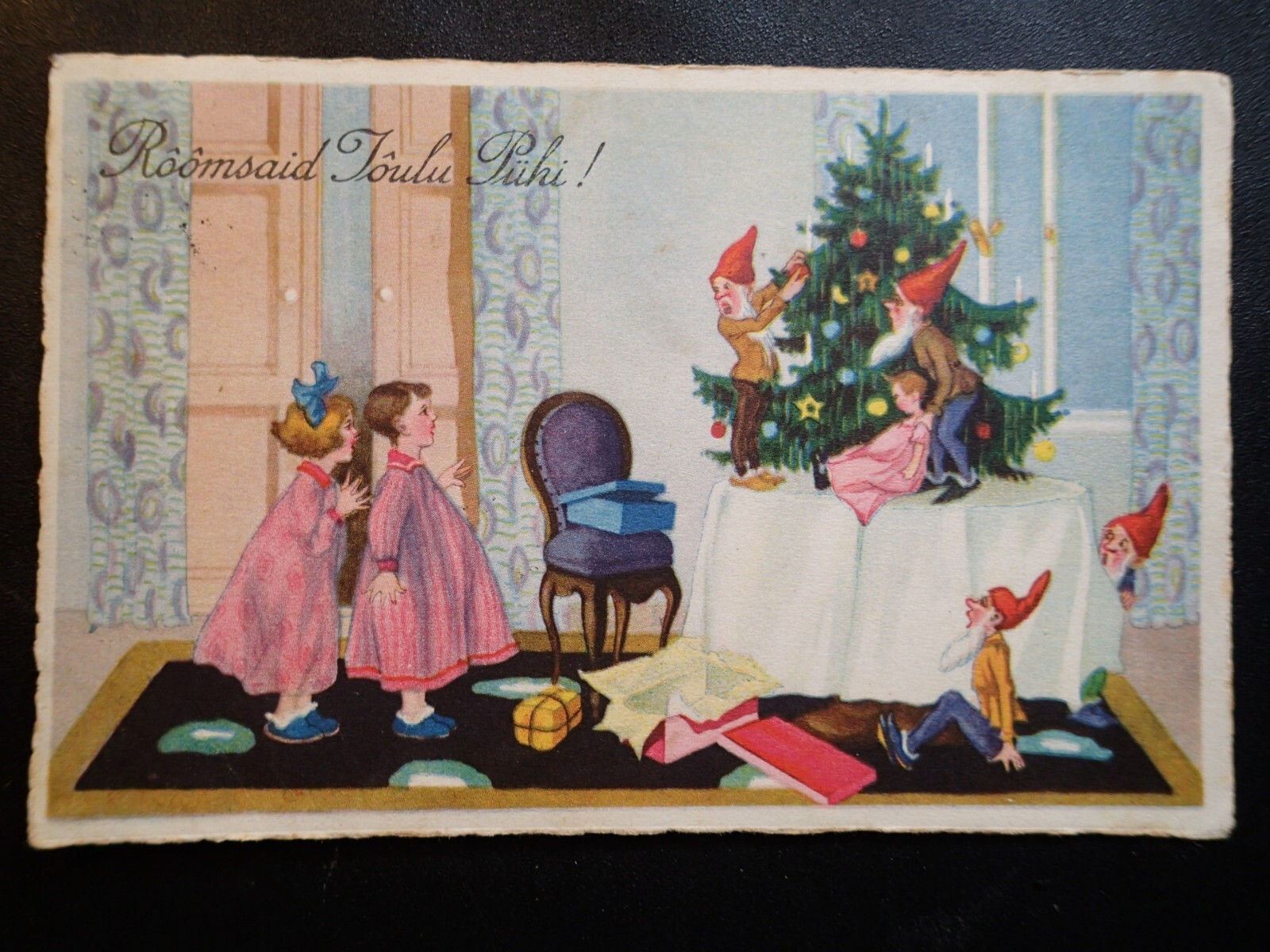 1927 GNOMES with KIDS VINTAGE CHRISTMAS POSTCARD ESTONIA ESTONIAN
