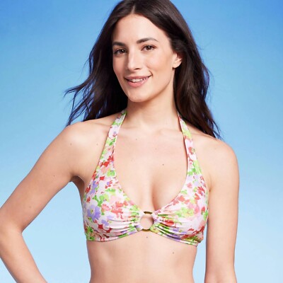 Shade & Shore Size XL 16 Halter Style Front Ring Floral Bralette Bikini Swim Top