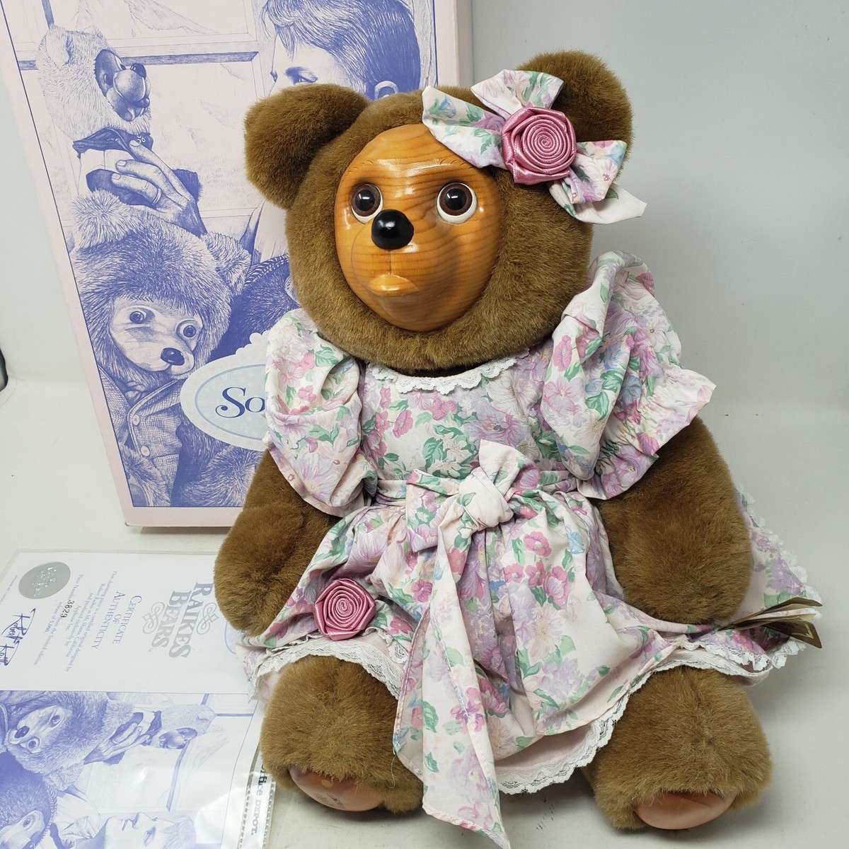 Vintage Robert Raikes Sophie Bear Plush 1993 Wood Carved Face