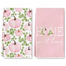 Fall Pink Pumpkin Kitchen Dish Towels Set of 2, Autumn Maple Leaves Drying Hand