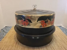 Vintage Metal Tin Carlton Cake Pie Holder Carrier Black with Floral MCM