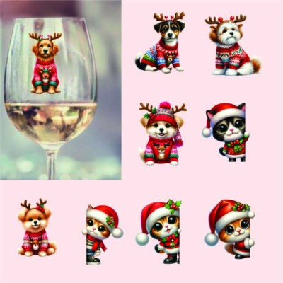 9x gemischte Weihnachten Cartoon Katze/Rentier Kopf Hunde/Vinyl Aufkleber/Aufkleber/Party/Becher