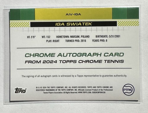 Tenis Iga Swiatek 2024 Topps cromo zafiro variación de imagen automático SSP - Imagen 2 de 2
