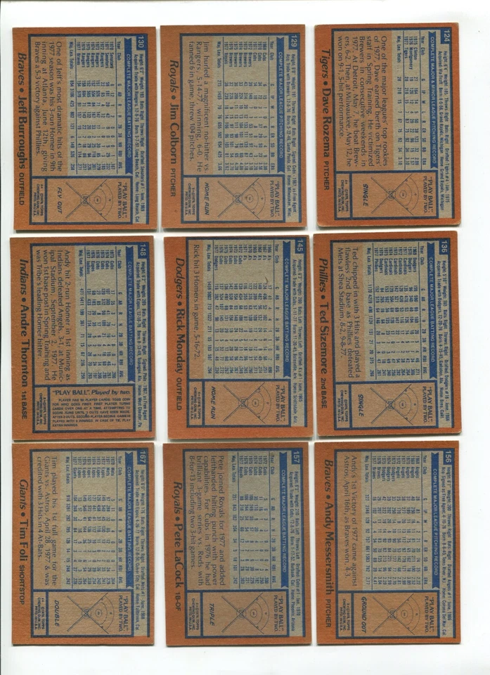 Lote de 27 tarjetas B - 1978 Topps: Dave Rozema RC, Rick Monday, Tim Foli, etc. ¡SIN DUPS! Foto 2 de 4