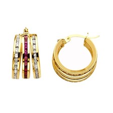 14K Yellow Gold Red White RD Cubic Zirconia Channel 3 Line Hoop Earrings