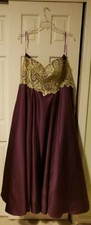 Dark Purple Aline Tulle w Gold Trimmings and Rhinestone Prom Dress