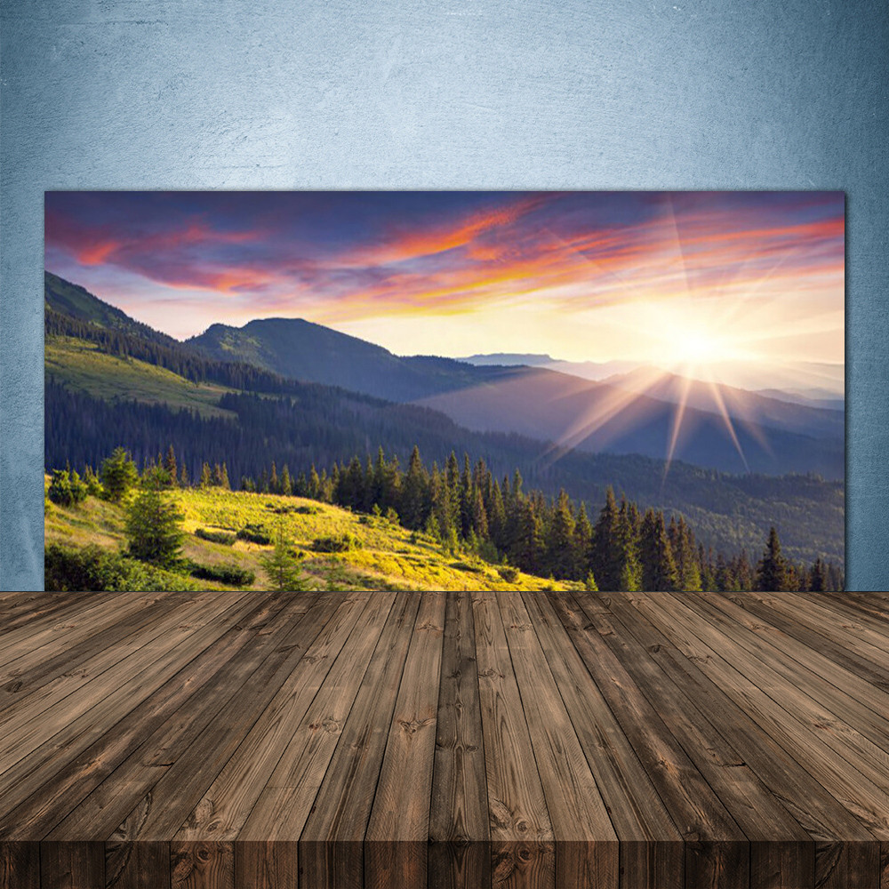Crédence de cuisine en verre trempé 140x70 cm avec motif Forêt au Soleil