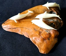 Vintage John Perry Sculpture 4 White Dolphins Burl Driftwood Nautical Beach