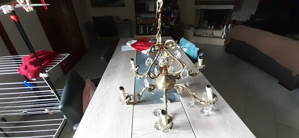 Un grand luminaire lustre ancien laiton et verre style Louis XV six branches - Photo 3/4