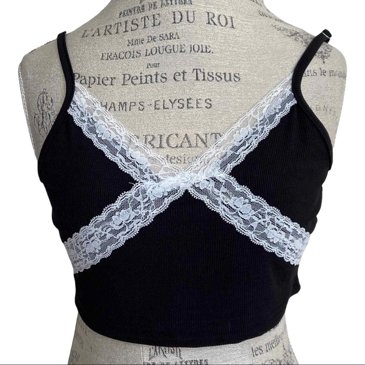 SHEIN Ribbed Black White Lace Detail Crop Tank Top Bralette Size