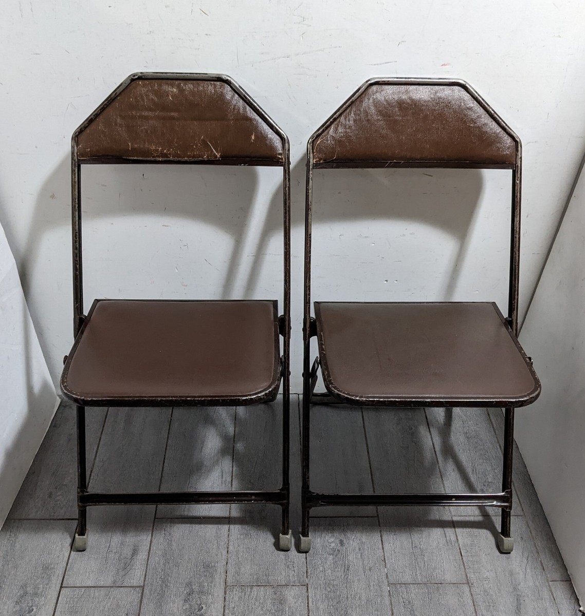 Vintage Pair of Norcor Industrial Metal Folding Chairs Mid Century