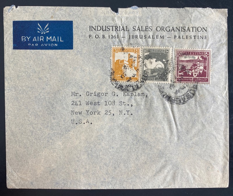 1930s Jerusalem Palestine Industrial Sales Org Airmail Cover To New York USA