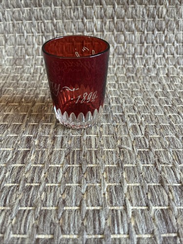 1899 Antique Ruby Red Flash Glass Souvenir Toothpick Holder Etched 2 3/4" T