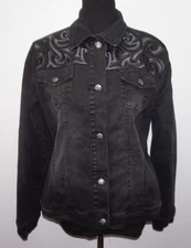 DG2 Diane Gilman Black Gray Embroidered Jean Jacket Womans Sz M