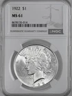 1922-P  $1 PEACE SILVER DOLLAR  "PHILADELPHIA MINT"  NGC MS61 #8678135-014
