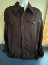 Vintage 70s Lee Western Pearl Snap Brown Polyester Rockabilly Shirt Jacket XL