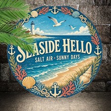 Coastal Beach Welcome Hanging Tin Sign Round Ocean Theme Summer Decor