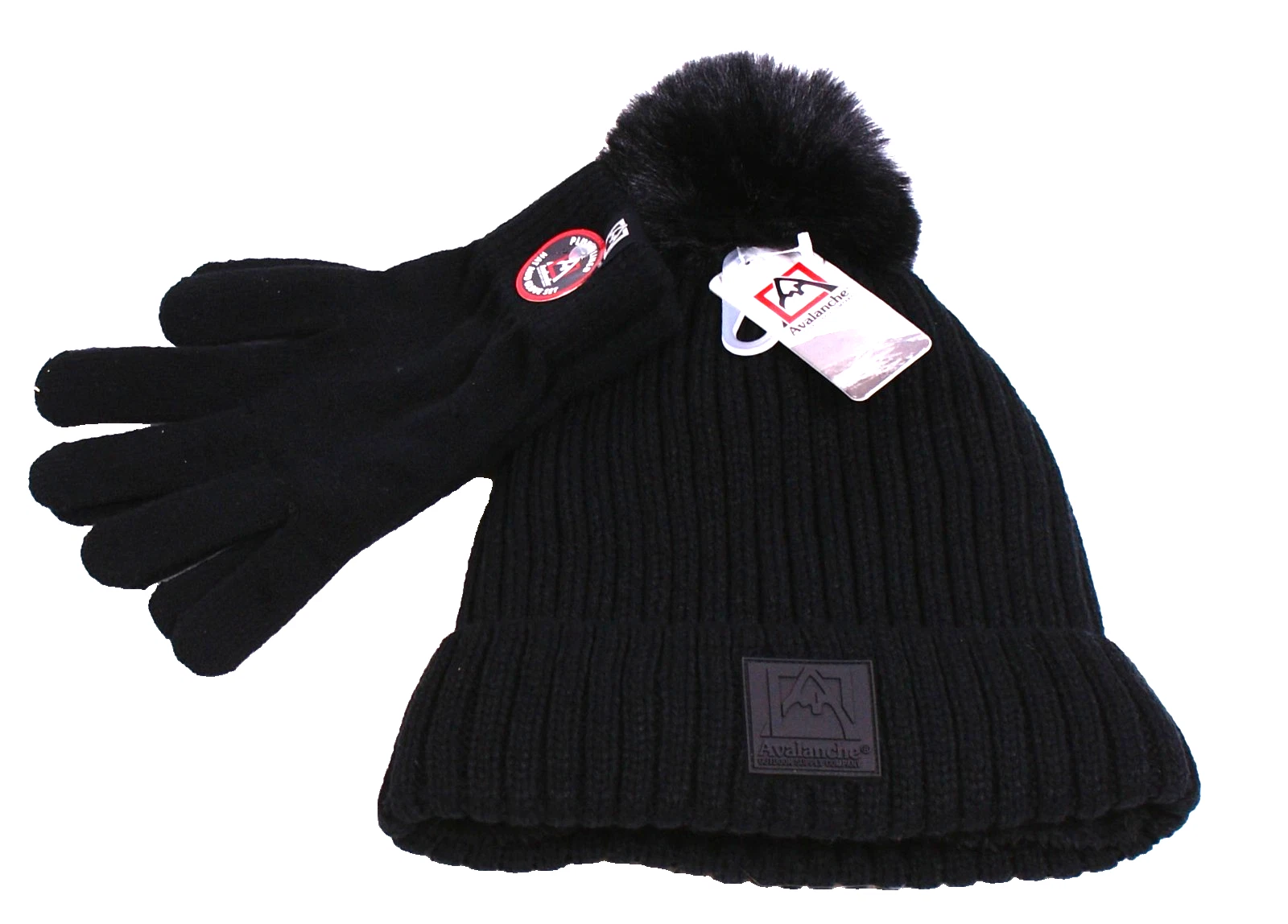 Avalanche Women's Black Knit Cuff Beanie Stretch Gloves Faux Fur Lining and Pom