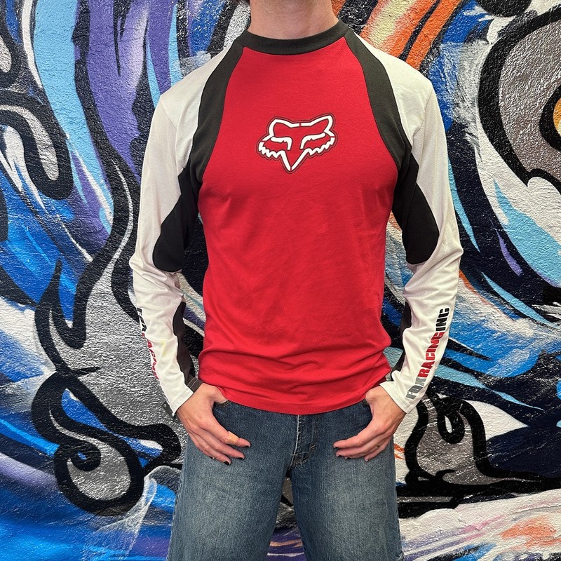 Fox Racing T-Shirt Long Sleeve Mens S Small Red White SK8 Y2K Skater Surf Skater