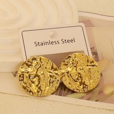 Circle 304 Stainless Steel Hammered Effect Gold-Tone Stud Earrings