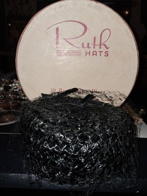Vintage Black Straw Pill Box Hat with Original Hat Box 1950s Nice